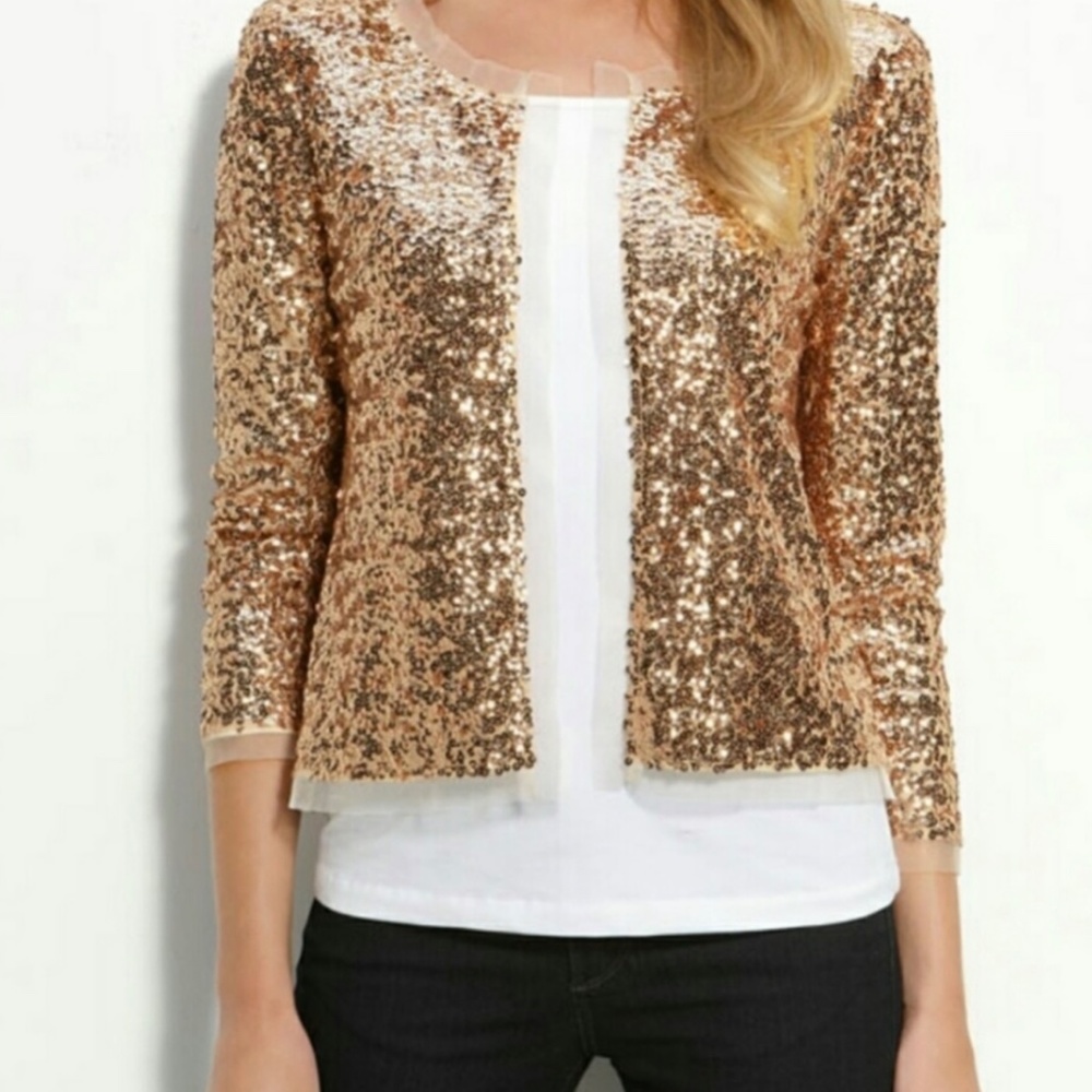 Oliver | Gold Jewel Tone Sequin Embellished Shrug Boxy Cropped Glam Cardigan